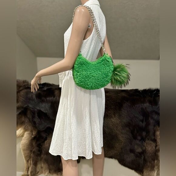 Handmade Genuine Shearling Shoulder Bag/Crossbody & Fox Fur Ball Bag Charm - Picture 6 of 15